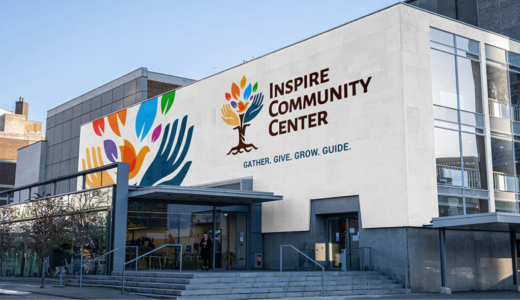 Community center building with big lettering, Inspire Community Center